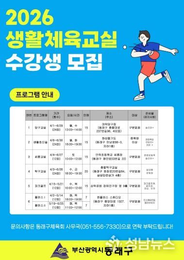 부산 동래구, ‘2026년 상반기 생활체육교실’ 수강생 모집