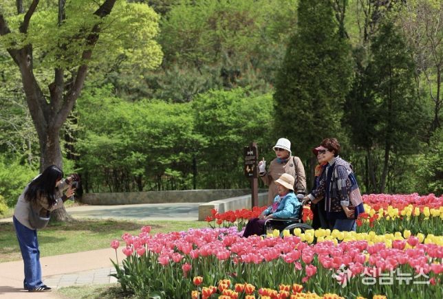 부천자연생태공원에 활짝 핀 튤립 사이로 시민들이 사진을 찍고 있다.