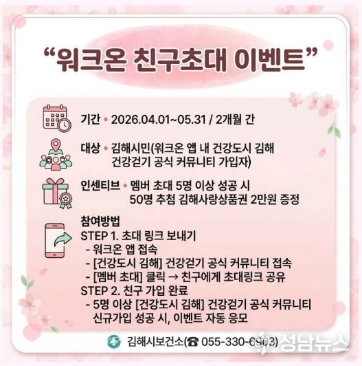 김해시보건소, ‘워크온’ 친구초대 가입 이벤트 추진